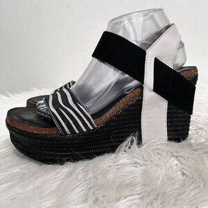 OTBT Bushnell Black White Leather Ankle Strap Textile Platform Wedge Sandal 9.5M